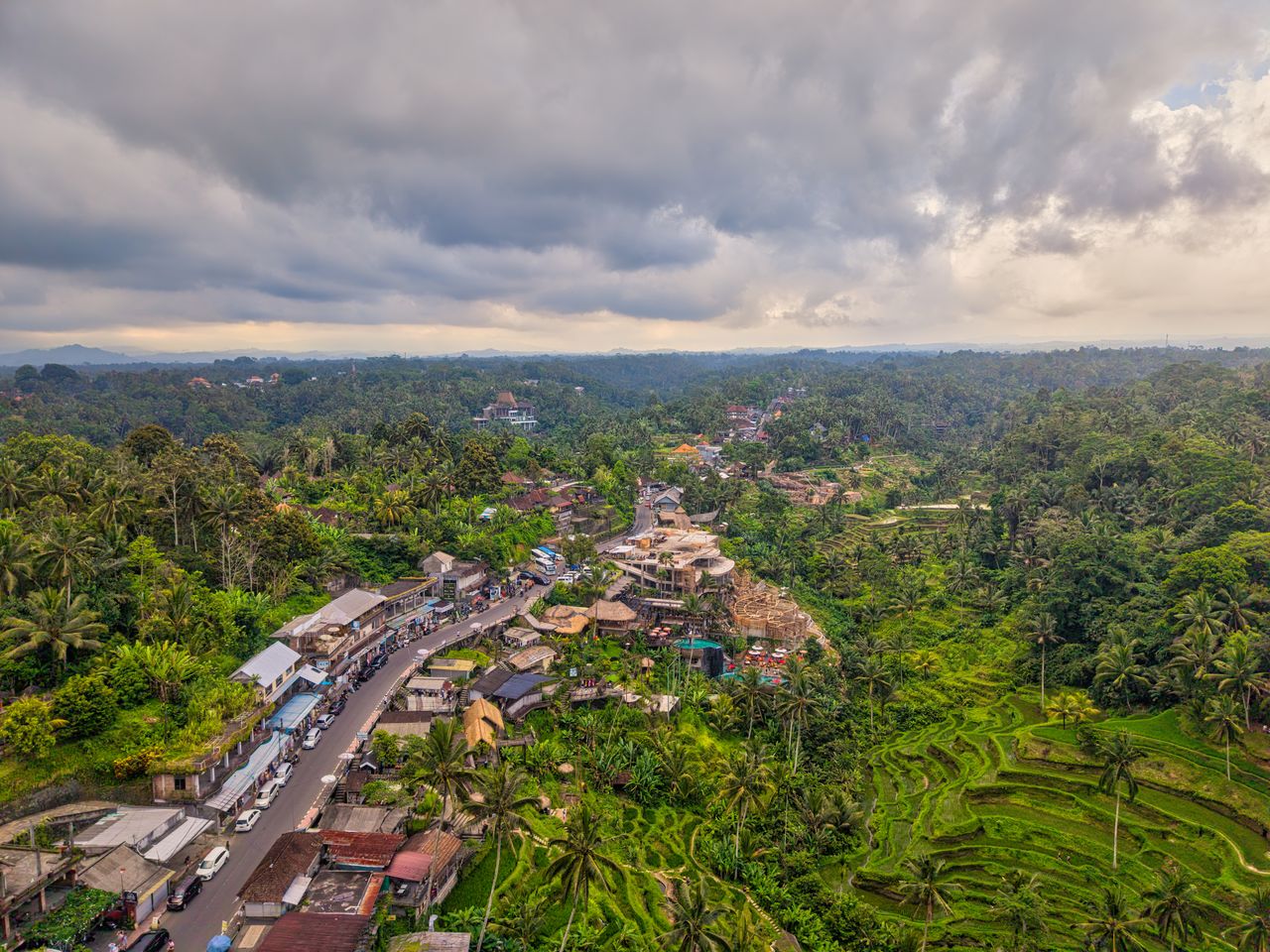 Aerial shot of lush green rice terraces and village in Bali, showcasing vibrant landscapes.